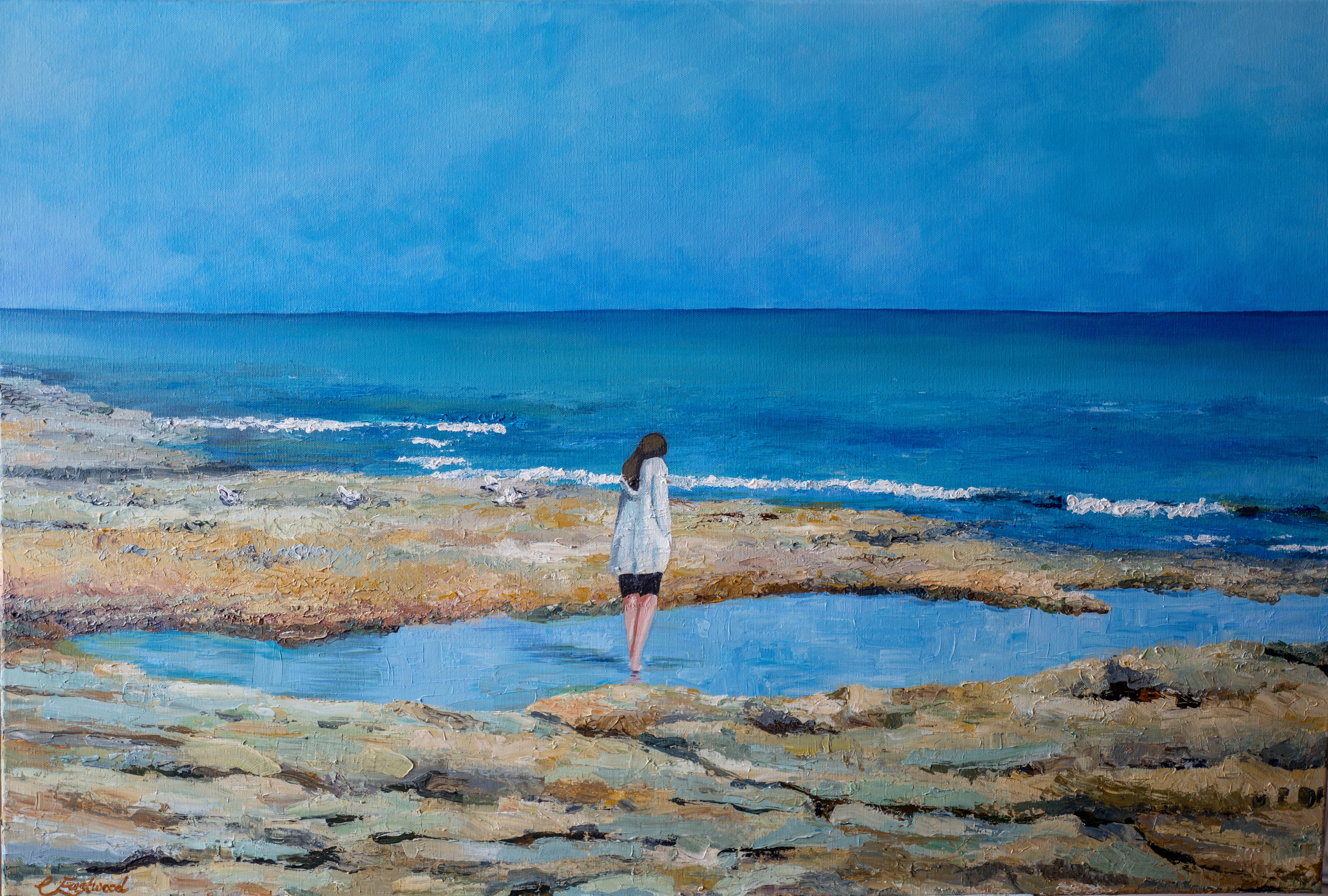  My paintings of seascapes often include people; I am interested in our relationship with that environment. For some it is activity (sailing, surfing, sandcastles) for others it is contemplation and relaxation. It is a place where families can come together or individuals spend time alone.